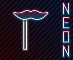 Glowing neon line Paper mustache on stick icon isolated on black background. Concept with cardboard carnival mask. Mask for a photo shoot. Colorful outline concept. Vector Illustration