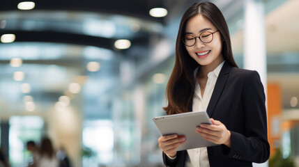 Fototapeta premium A young Asian businesswoman stands in an office with a tablet in her hands.