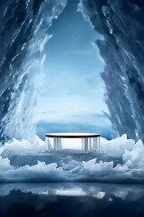 Winter Product Showcase Photoset - Empty Podium Amidst Snow, Ice, and Mountainous Beauty