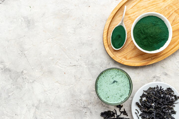 Green Latte with Spirulina algae powder, dietary supplement for vegan