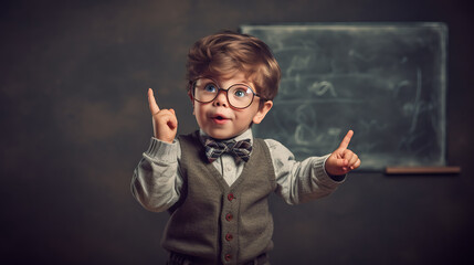 Little boy scientist arguing against a blackboard.Raises his index finger up.Created with Generative AI technology. - obrazy, fototapety, plakaty