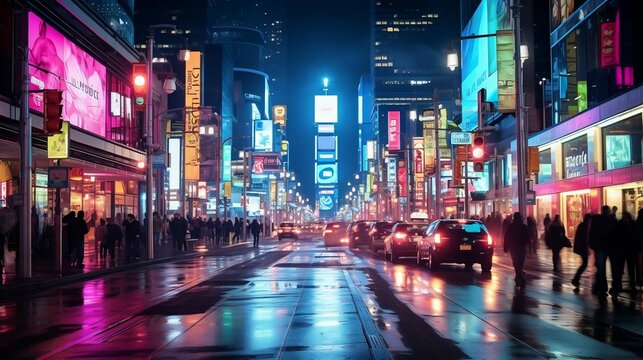 Busy street scene amidst vibrant city lights
