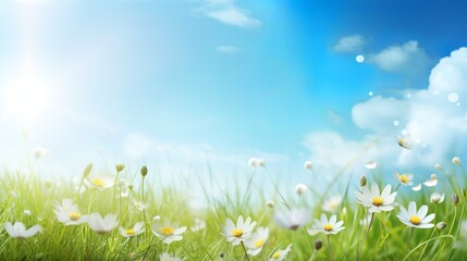 Abstract spring nature background with flowers and sunny sky, Generative AI