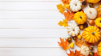 Autumn background with fall yellow maple leaves, and pumpkins, Mockup for seasonal offers and holiday post card, Generative AI
