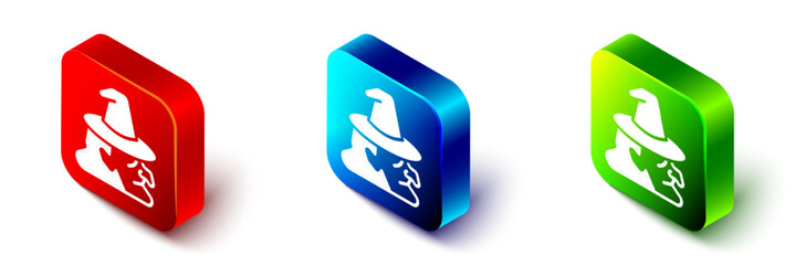 Isometric Witch icon isolated on white background. Happy Halloween party. Red, blue and green square button. Vector