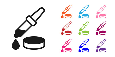 Black Pipette icon isolated on white background. Element of medical, chemistry lab equipment. Pipette with drop. Medicine symbol. Set icons colorful. Vector