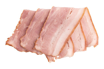 heap raw smoked bacon isolated, streaky brisket slices, fresh thin sliced bacon on white background with clipping path