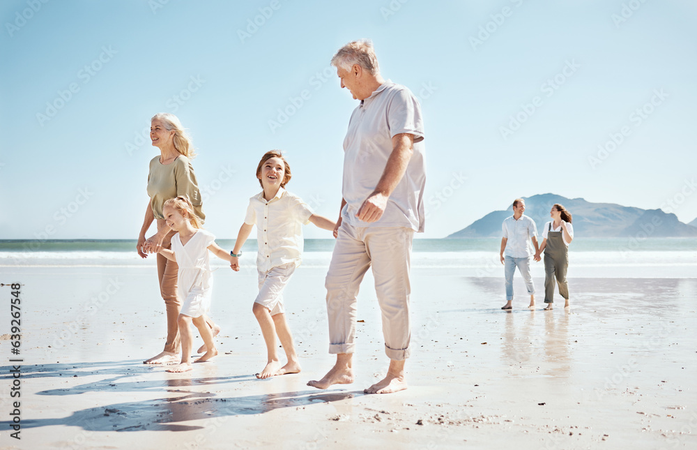 Poster Grandparents, kids and holding hands on beach, family and parents with trust and support, tropical holiday and travel. Happiness, nature and sea with love and care, generations and people on vacation