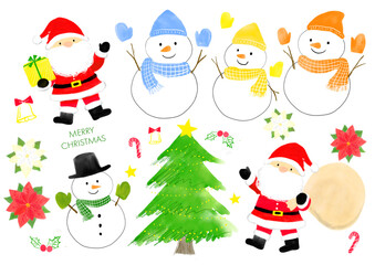 かわいいンタクロースと雪だるまの手描きイラスト　かわいいサンタクロースの手書きイラスト　絵本　ほのぼの　ほっこり　サンタ　クリスマス　クリスマスツリー　セット　手描き　白背景 - obrazy, fototapety, plakaty