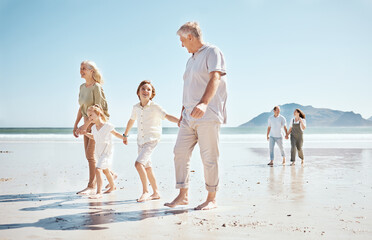 Grandparents, kids and holding hands on beach, family and parents with trust and support, tropical...