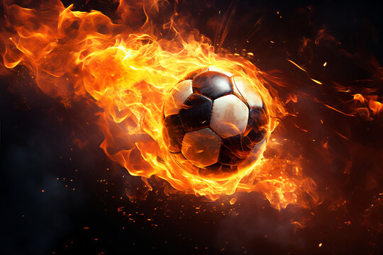 Soccer or football ball with fire flying on dark background like a comet