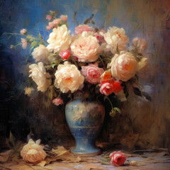 Old-fashioned bright an light style painting of roses in blue vase