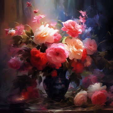 Old-fashioned style painting of of roses on a dark dramatic background