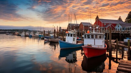 Rustic fishing boats lining the serene harbor waters
