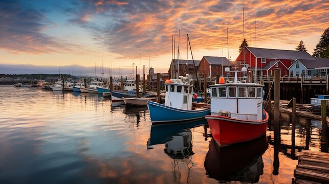 Rustic fishing boats lining the serene harbor waters - Powered by Adobe