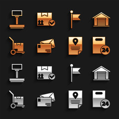 Set Envelope, Warehouse, Delivery with cardboard boxes, Document tracking marker system, Hand truck and, Location, Scale and Package check icon. Vector