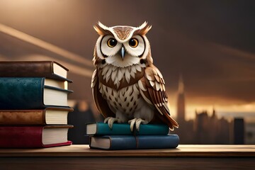 Cute Owl Sitting on Books Bundle Adorable Owl with Books Bundle. Generative AI