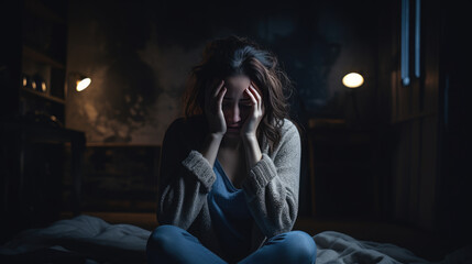 Depressed woman lying in bed can't sleep late at morning with insomnia.