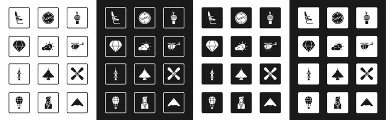 Set Radar, Sun and cloud weather, Parachute, Airplane seat, Helicopter, Compass, Plane propeller and Rocket icon. Vector