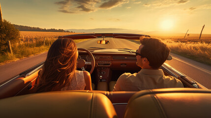 Happy couple riding in a convertible at sunset, rear view. Created with Generative AI technology.