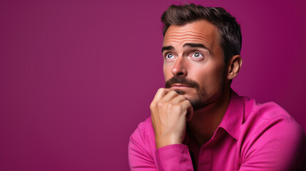 Thoughtful man on pink background looking away.