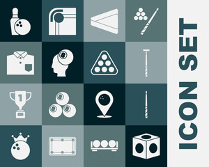 Set Billiard chalk, cue, triangle, ball, Bowling shirt, pin and and balls rack icon. Vector