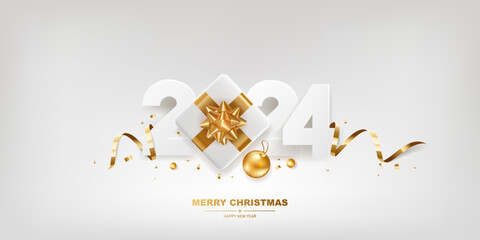 Happy New Year 2024. White paper numbers with golden ribbons, gift box and confetti on a white background.