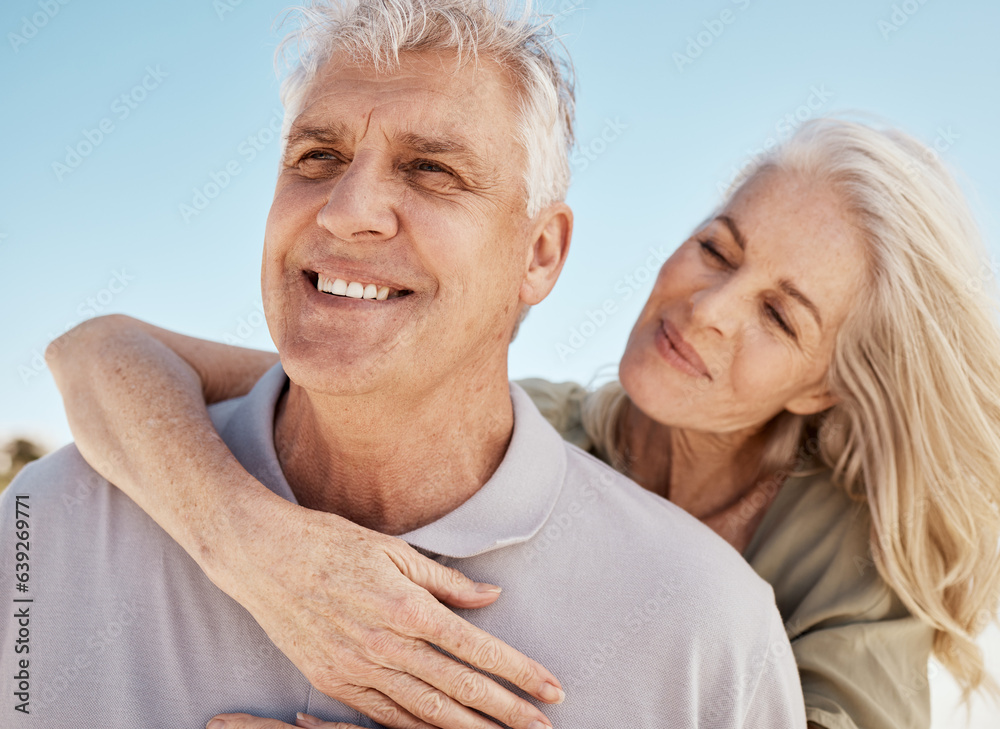 Sticker Senior, happy couple and hug on beach in care, love or support for bonding, weekend or break together. Elderly man and woman smile in happiness for holiday, vacation or outdoor getaway on ocean coast