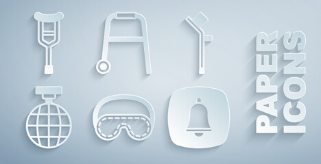 Set Eye sleep mask, Crutch or crutches, Disco ball, Emergency phone call, Walker and icon. Vector