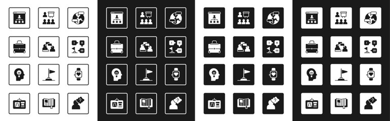 Set Worldwide, Two sitting men talking, Briefcase, Online education, Planning strategy, Training, presentation, Smart watch and Human with lamp bulb icon. Vector