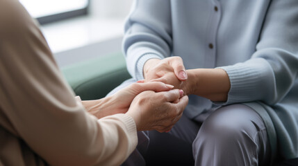 Professional assistance. Close up of emale psychologist therapist hands holding palms of her patient client talking consulting helping accept difficult situation.