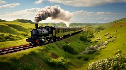 Old-fashioned steam train chugging through scenic countryside
