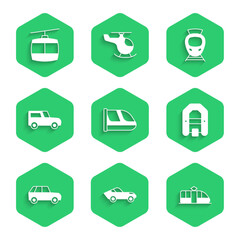Set Train and railway, Car, Tram, Rafting boat, and Cable car icon. Vector