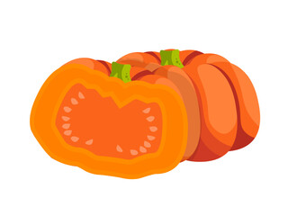 Pumpkin, cute whole orange ripe vegetable and cut in half with seeds, green stem and pulp