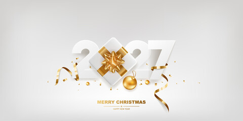 Happy New Year 2027. White paper numbers with golden ribbons, gift box and confetti on a white background.