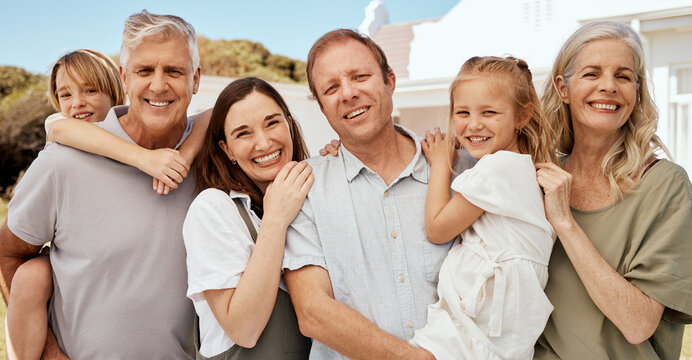 Portrait, Big Family And Happy At House, Bonding And Funny Laugh Together. Face Of Grandparents, Children And Mother With Father, Smile And Senior Man, Woman And Having Fun Outdoor At Home Backyard