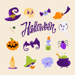 Fototapeta premium Set of Halloween mascots. Ghost, pumpkin, poison, skull, candle, bat, spider, witch hat, flying eye, mushroom, acid, candy. Festive lettering inscription