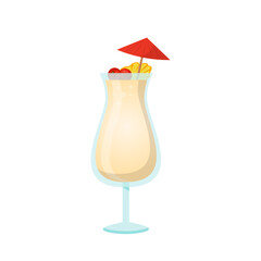 Cocktail Pina Colada in glass vector illustration. Cartoon isolated cup with white summer alcohol drink with umbrella and ice cubes, tropical fresh beverage for beach pool party in bar