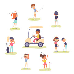 Fototapeta na wymiar Golf playing set, kids golfers training with golf clubs and balls on green grass