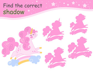 Find correct shadow pink funny unicorn vector