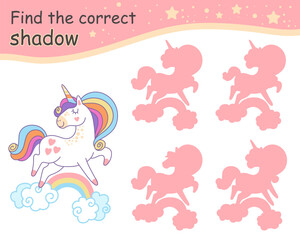 Obraz na płótnie Canvas Find correct shadow white funny unicorn vector