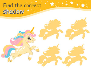 Find correct shadow yellow funny unicorn vector