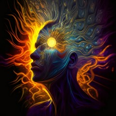 Fractal illustration of a male face with an energy flow in it.