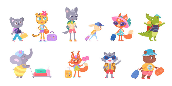 Animals with baggage travel set, funny happy characters with luggage, bags and suitcases