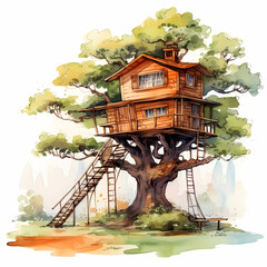 Big wooden treehouse, architecture watercolor illustration. Modern timber house on tree with stairs.