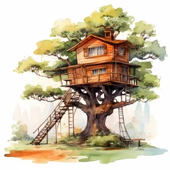 Fotobehang Big wooden treehouse, architecture watercolor illustration. Modern timber house on tree with stairs. © 3dillustrations