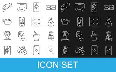 Set line Playing card with spades, Poker player, Money bag, Casino poker tournament invitation, Joker playing, Hand holding casino chips and Game dice icon. Vector