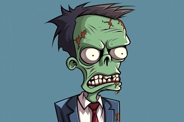 scary cartoon green halloween zombie man on blue background
