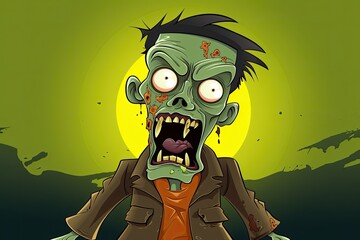 scary cartoon green halloween zombie man on green background