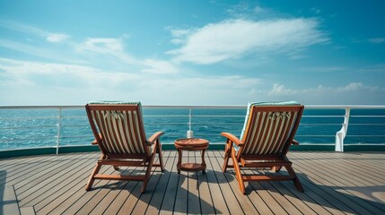 Fototapeta na wymiar Deck chairs overlooking endless ocean during tranquil voyage 